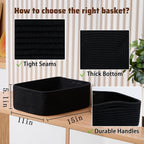 Large Shallow Organizing Baskets 15x11x5.1 Inches - Rope Woven Storage Bins for Bathroom, Shelves, Cube Closet, Black 4 Packs