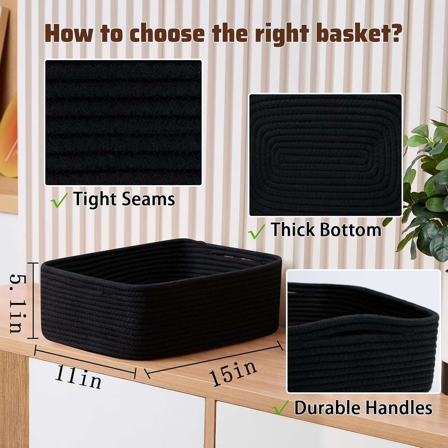 Large Shallow Organizing Baskets 15x11x5.1 Inches - Rope Woven Storage Bins for Bathroom, Shelves, Cube Closet, Black 4 Packs