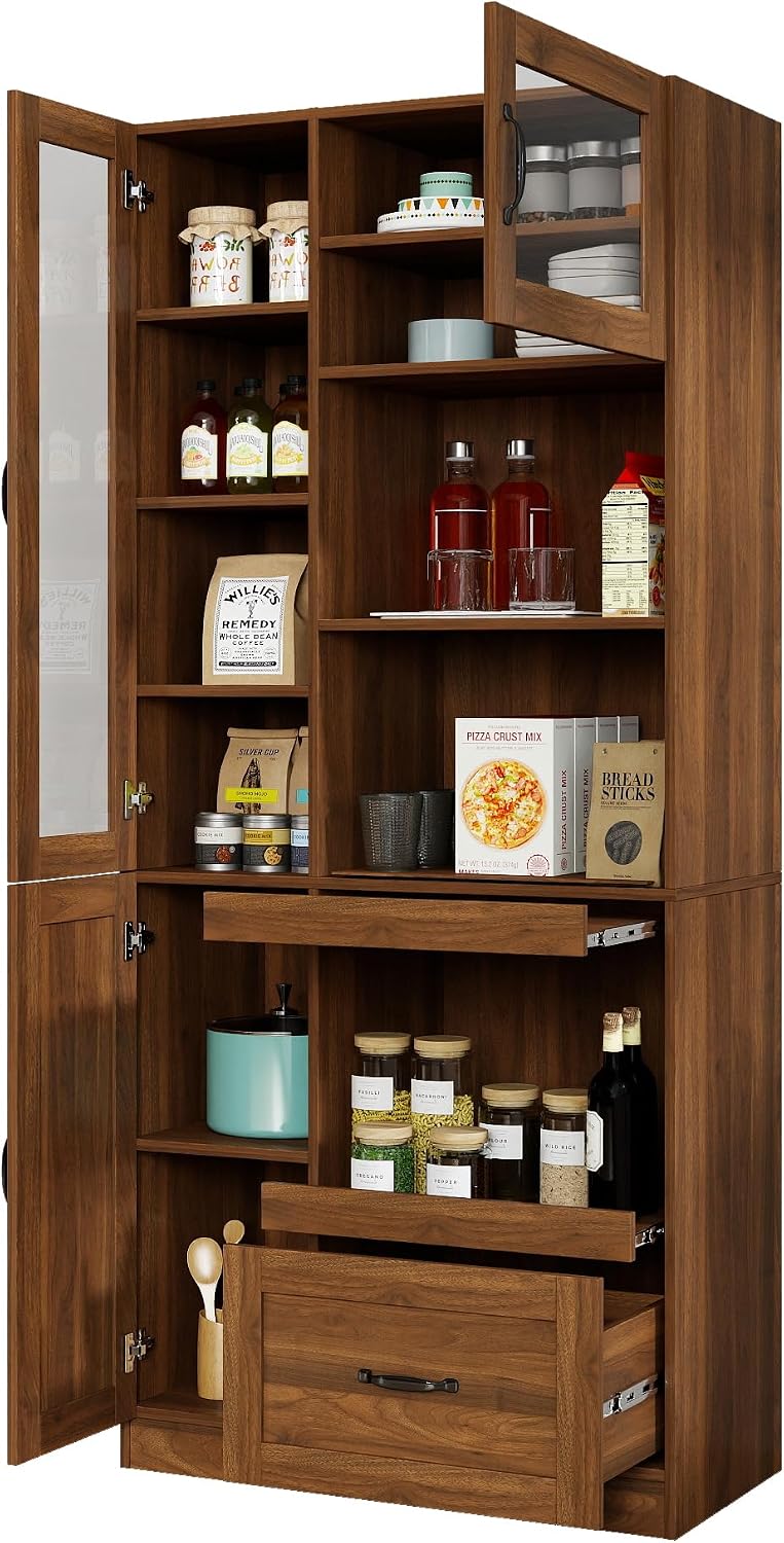KEIKI 70.87" H Tall Kitchen Pantry Storage Cabinet with Countertop, Glas...