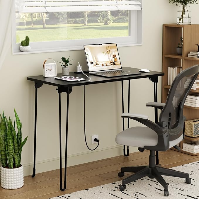 Folding Desk, 31.5" Hairpin Legs Small Desk with Power Strip for Bedroom, Space Saving Foldable Computer Desk for Home Office, No Assembly Need, Black