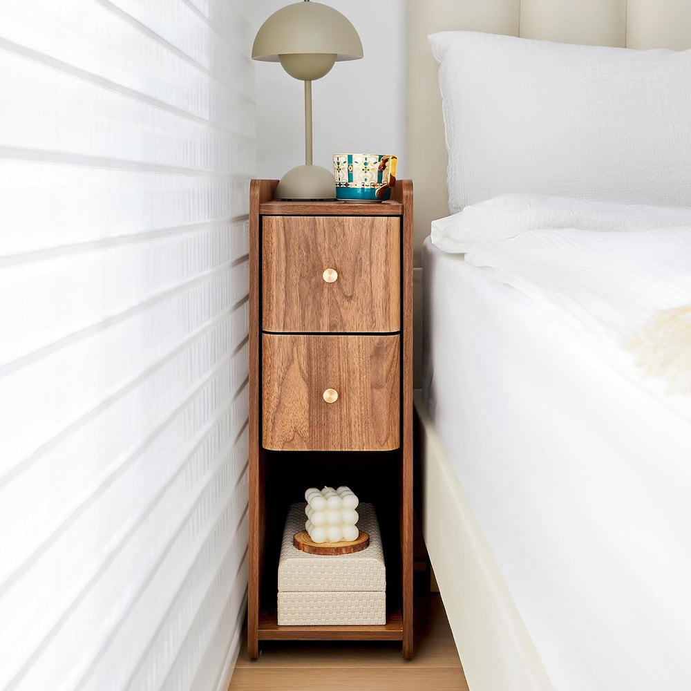 Narrow End Table Bedroom, Wooden Small 2 Drawer Nightstand, Thin Couch Side E...