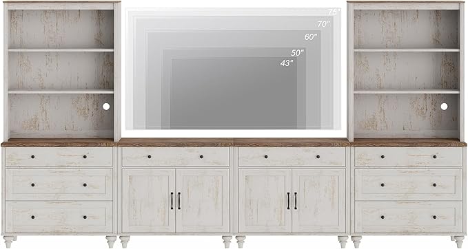 WAMPAT Entertainment Center with Bookshelves for TVs up to 75", Farmhouse Wall Unit TV Stand with Doors & Drawer, Media Console Table for Living Room, Bedroom & Home Theater, Rustic White