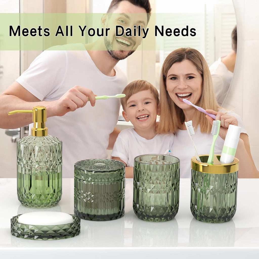 Green Glass Bathroom Accessories Set 5 Pcs, Green Bathroom Set, Soap Dispenser and Toothbrush Holder Set, Qtip Holder Set, Vintage Bathroom Sink Set, Cute Bathroom Decor