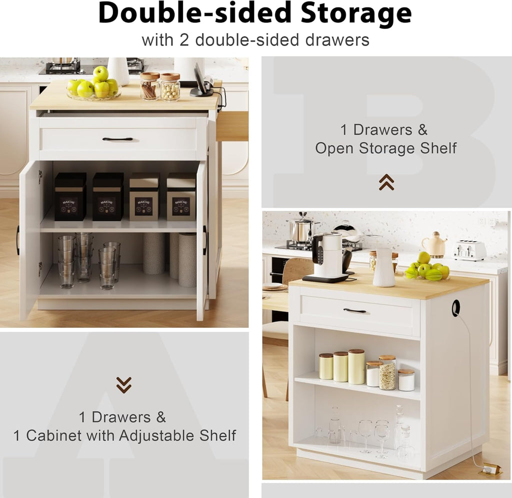 82.7" Kitchen Island with Extendable Dining Table, Faux Mable Table with Double-Sized Storage, Power Outlet, 2 Drawers, 2 Side Open Shelves for 4-6 Kitchen, Dining Room, White
