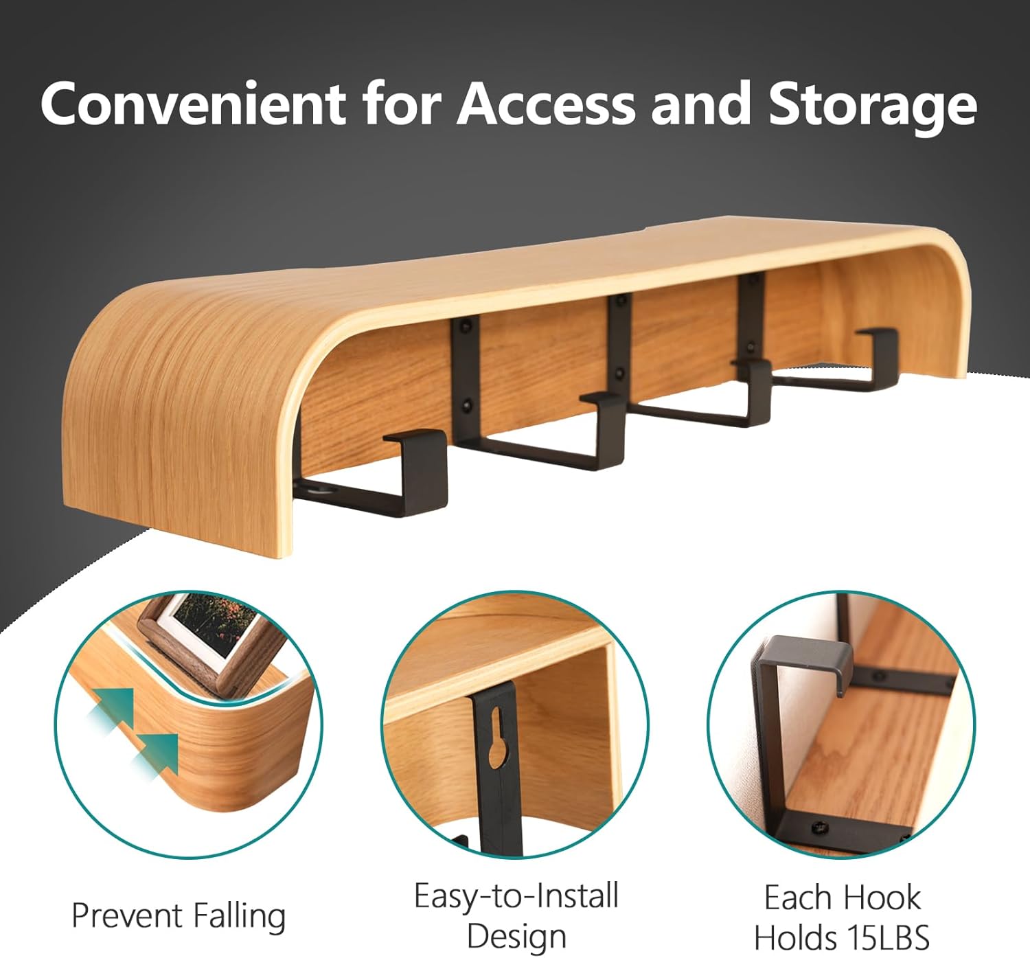 Coat Rack Wall Mount with Hidden Hooks Modern Key Holder Wood Entryway Hook with Shelf for Bedroom Kitchen Hallway Bathroom Designed for Hanging Coats Hats Bags Towels Dog Leashe(Oak,4 Hooks)