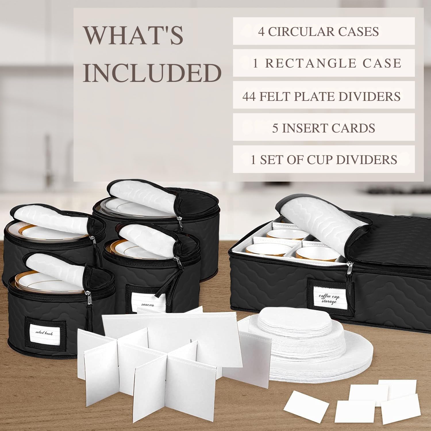 China Storage Containers 5-Piece Set Moving Boxes for Dinnerware, Glasses, Plates, Mugs and Saucers Sturdy Quilted Microfiber Dish Organizer with Dividers for Seasonal Storage - Holds Set of 12, Black
