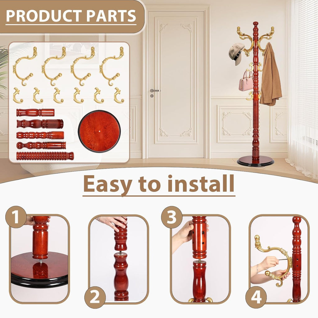 Solid Wooden Coat Rack Stand, Coat Racks Freestanding with 14 Hooks, Natural Birch Wood Coat stands with Sturdy Round Base, Tree Coat Hanger Standing for Entryway Bedroom Office (Begonia)