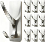 Self Adhesive Coat Hooks for Hanging: Heavy Duty Stainless Wall Hook for Towel, Backpack, Hat, Sturdy Metal Hanger for Bathroom, Bedroom, Door, Brushed Nickel 10 Pack