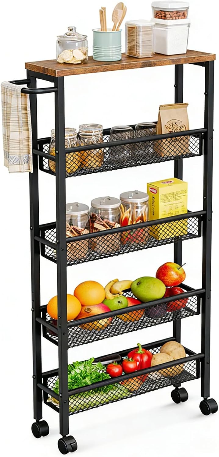 AZERPIAN Slim Rolling Cart 5 Tier Narrow Storage Cart on Wheels with Handle |...