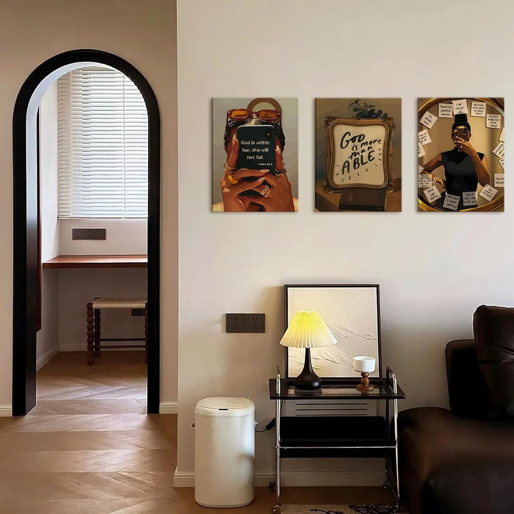 Framed Black Girl Wall Art Set of 3, Fashion Inspirational Black Woman Wall D...