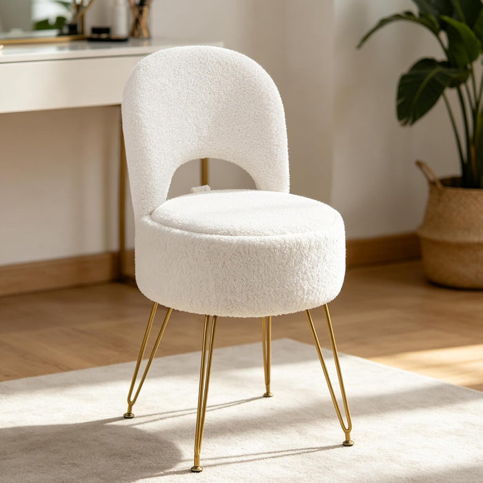 LITZFUR Round Vanity Stool with Storage & Folding Back, White Makeup Chair