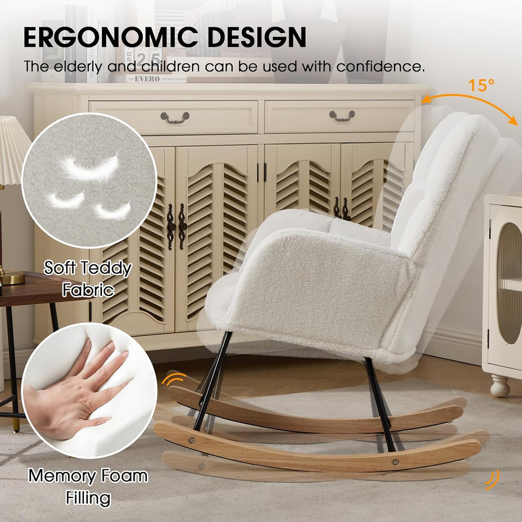 Nursery Rocking Chair, Teddy Upholstered Glider Chair with Thick Cushion, Tufted Gliding Rocker Chair with Wood Leg, Cozy Rocking Armchair, Accent Rocking Chair for Living Room (Ivory)