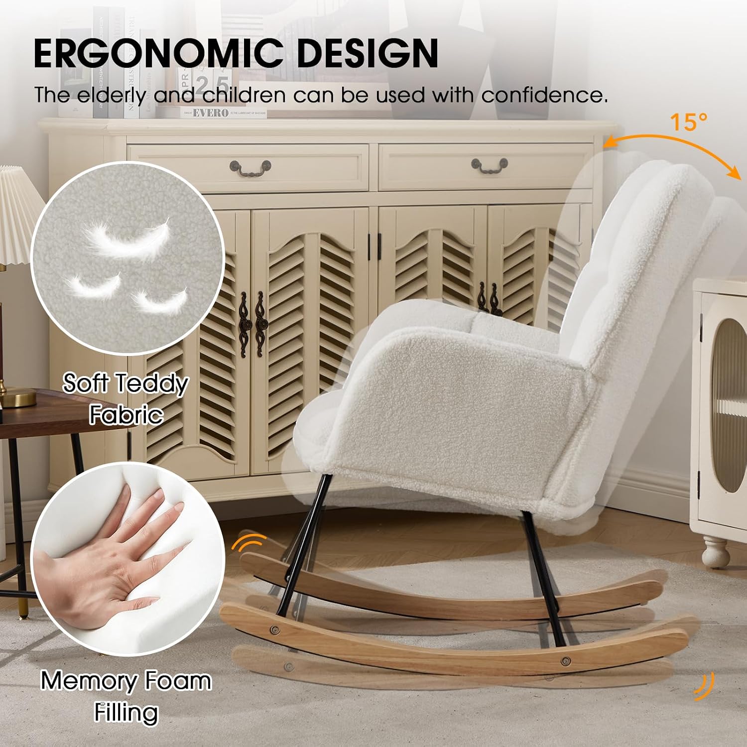 Nursery Rocking Chair, Teddy Upholstered Glider Chair with Thick Cushion, Tufted Gliding Rocker Chair with Wood Leg, Cozy Rocking Armchair, Accent Rocking Chair for Living Room (Ivory)