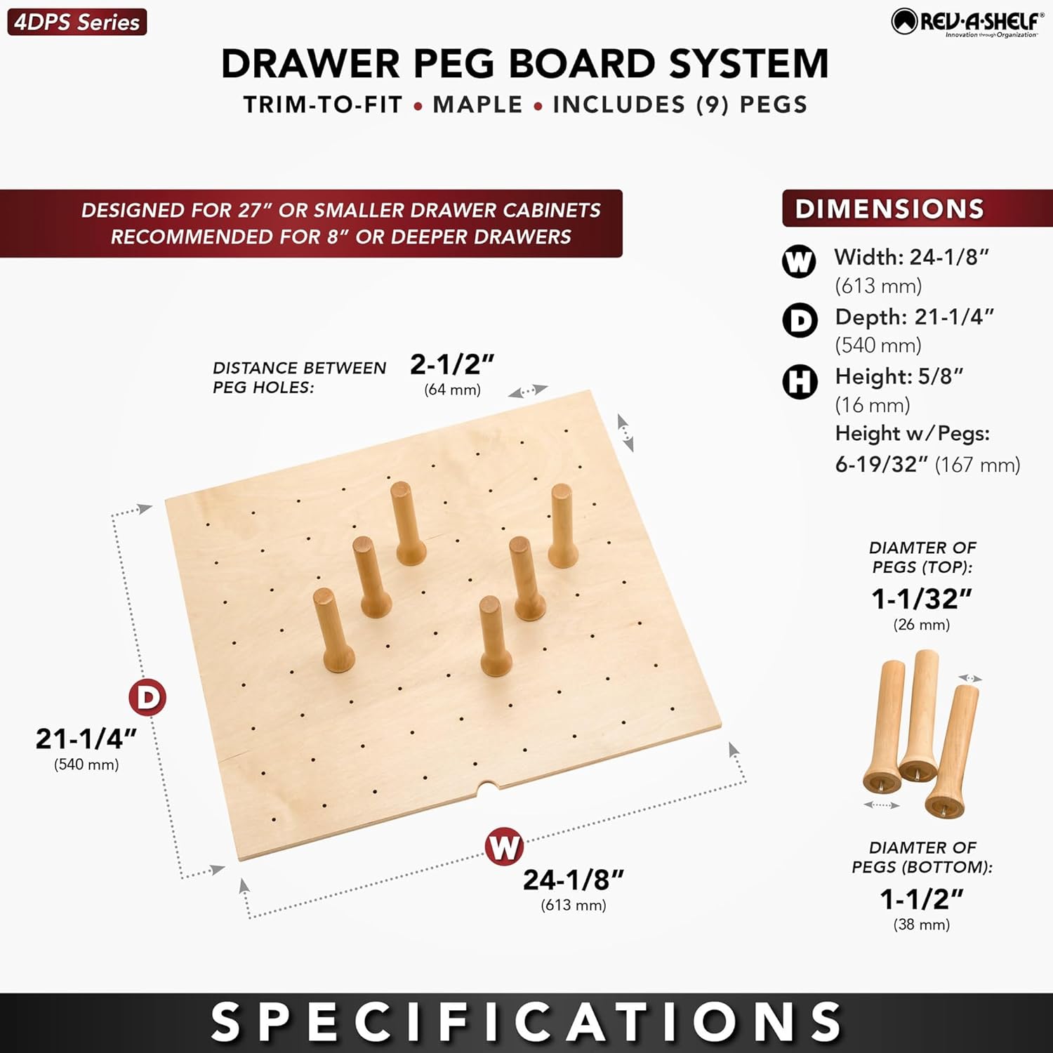 Rev-A-Shelf Trimmable Pegboard Drawer Divider Organizer, Trim to Fit Wooden Kitchen Cabinet Storage Utensil, Pots & Dish Rack, 24" x 21", 4DPS-2421