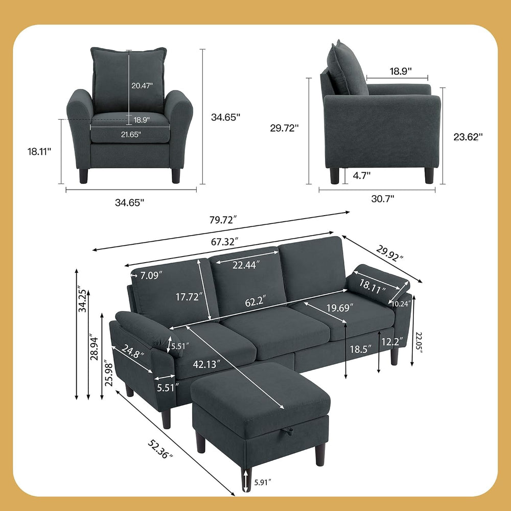 Convertible Sectional Sofa Set, 79" Modern L Shaped Couch, Linen Upholst...