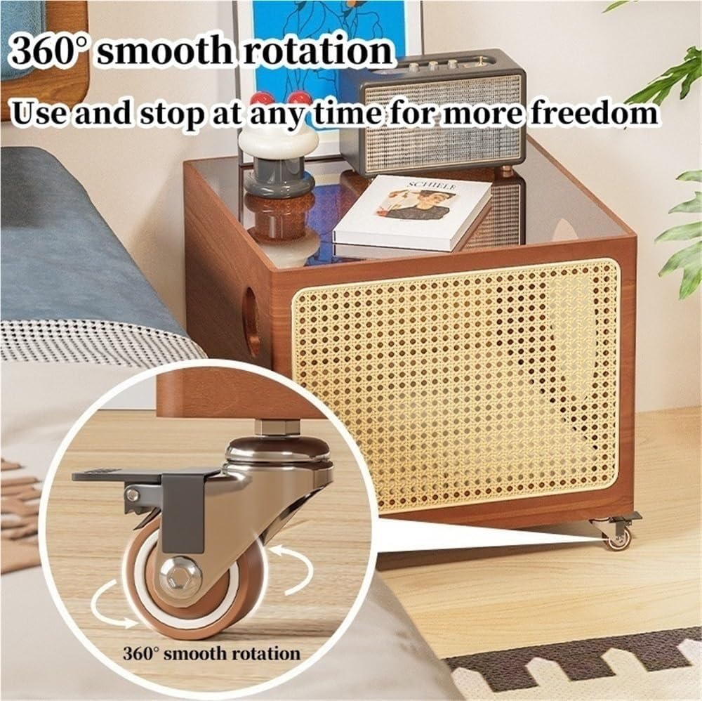 2-in-1 Cat Coffee Table Wood Rattan Side Cabinet with Glass Top Wheels Shared...