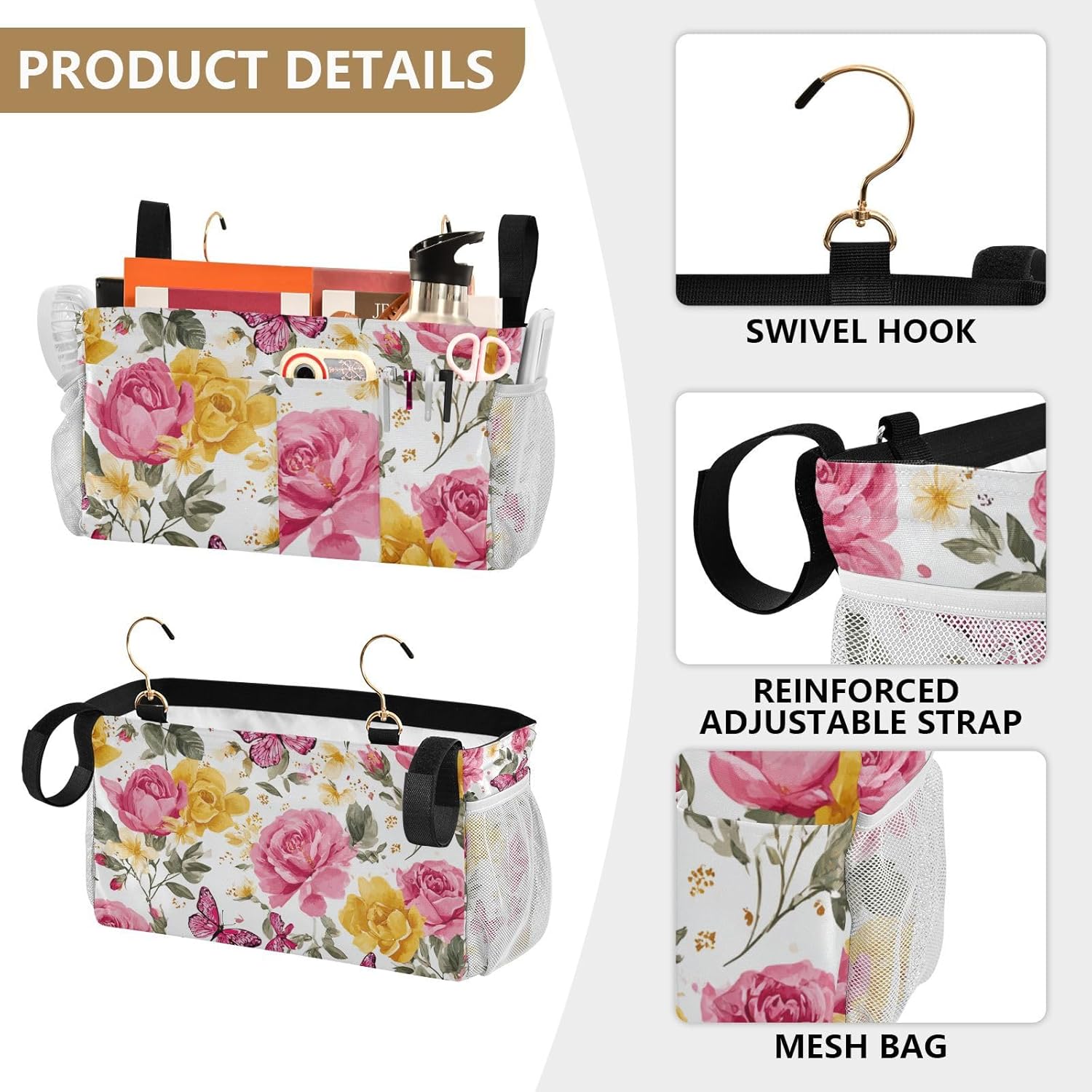 Pink Yellow Roses and Butterflies Bedside Caddy for Dorm Bed Bedside Hanging Caddy Bag Iron Frame Storage Organizer Pocket for Bunk Home College Hospital Beds 2 Hooks