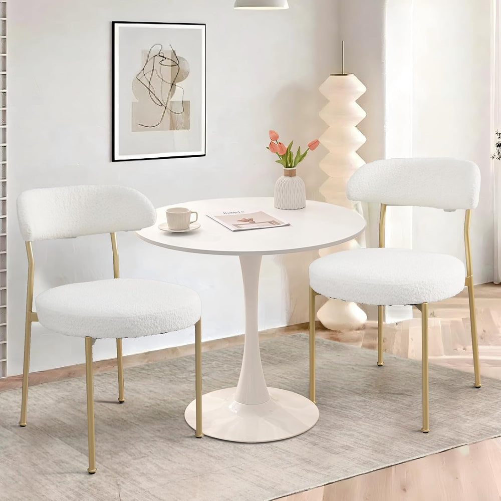 Dining Table and Dining Chair Set 31.5" White Round Table&2 Boucle U...