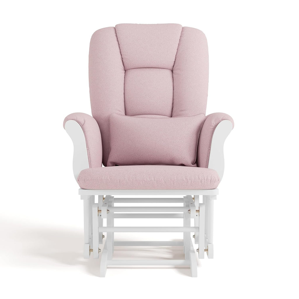 Storkcraft Tuscany Custom Glider and Ottoman with Free Lumbar Pillow (White/Pink Blush Swirl) - Cleanable Upholstered Comfort Rocking Nursery Chair with Ottoman