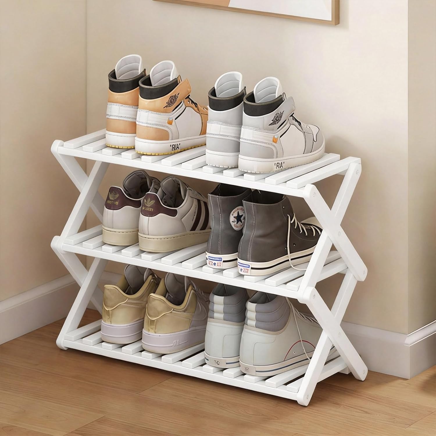 3 Tier Bamboo Shoe Rack White,Portable Folding Shoe Storage Rack,Without Installation Small Shoe Rack Perfect for Corridors, Drom, Bedrooms and Small Spaces
