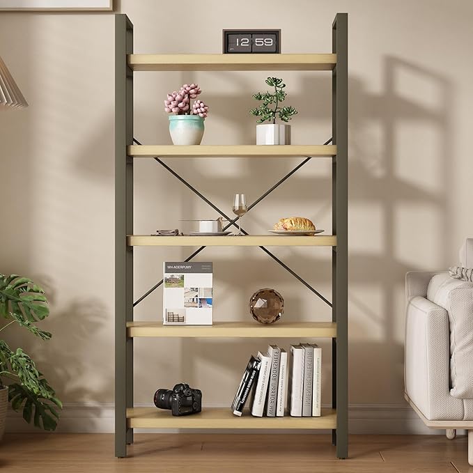 Real Solid Wood Rustic Vintage Industrial Etagere Bookshelf, Metal & Timber Free Vintage Bookcase, Retro Brown (Genuine Timber) (5-Tiers-Real Wood)