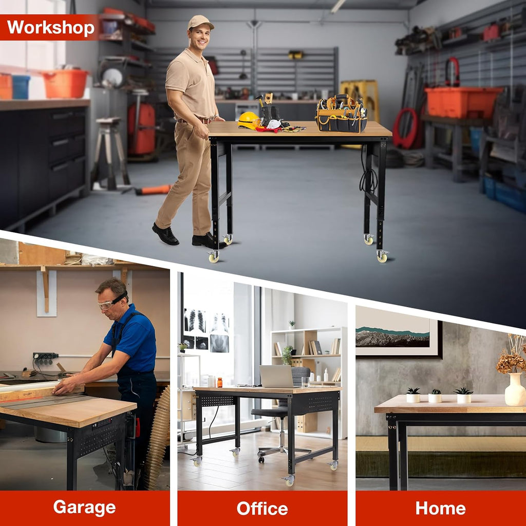 48" L×24”W Adjustable Workbench with Wheels, 28”-40”Height Heavy Duty Table 2000 LBS Load Capacity, Work Bench with Power Outlet & Pegboard, Rubber Wood Work Table for Garage, Office, Workshop
