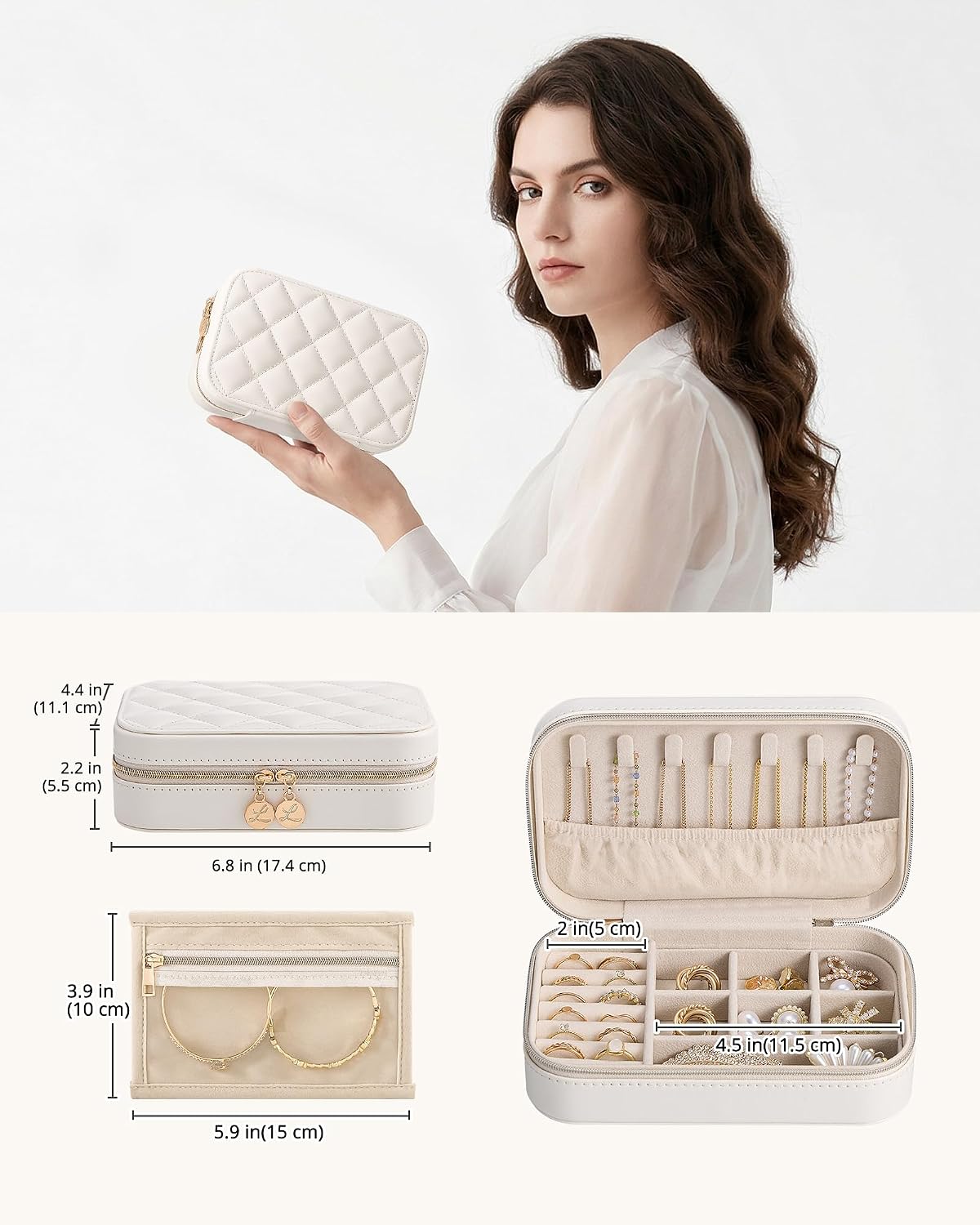 Lolalet Travel Jewelry Case for Women Girls, Travel Jewelry Organizer with Clear Storage Bag Small Portable Jewelry Box for Necklace Bracelet Earring Ring Valentines Bridesmaid Gifts -Medium/Beige