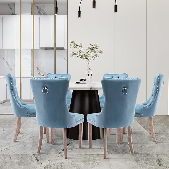 Velvet Upholstered Dining Chairs Set of 6, Modern Style Kitchen Side Chairs with Nailhead Trim and Wood Legs,Metal Pulling Ring for Dining Room Living Room(Sky Blue,Set of 6)