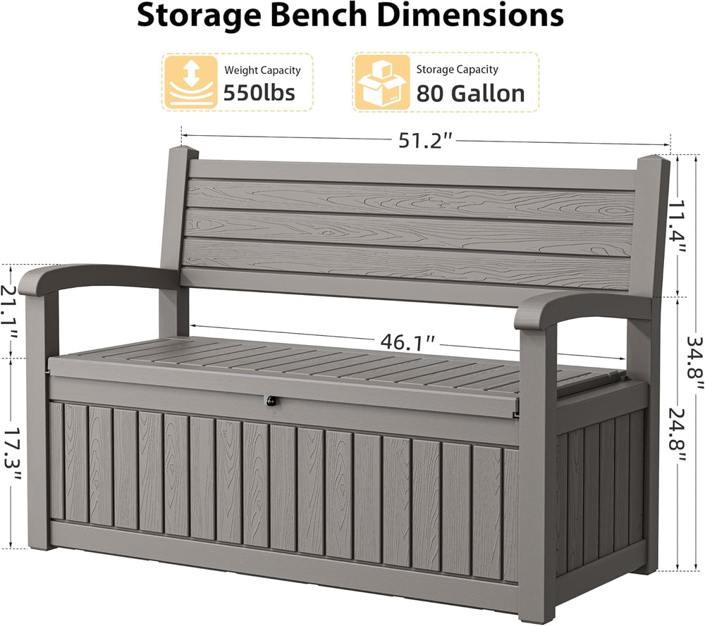 80 Gallon Lockable Deck Bench with Storage, Resin Stripes Outdoor Storage Box...