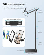 AboveTEK Tablet Floor Stand,Stylish Adjustable Height iPad Floor Stand with Stable Base,Aluminum 360° Rotation Holder for Sofa Bed,Fits 4.7-13.5"iPad Pro 12.9/Air/Mini,Galaxy Tab,iPhone,Kindle(Black)