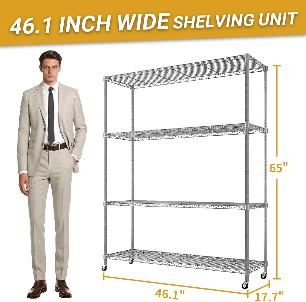 Karl home Silver 4-Tier Wire Storage Shelving with Wheels, 800LBS | Rolling Storage Unit Dimension 64.96"H X 46.06" W X 17.7" D, Multipurpose Organizer for Garage, Kitchen, Basement