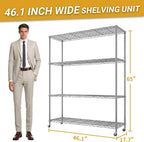 Karl home Silver 4-Tier Wire Storage Shelving with Wheels, 800LBS | Rolling Storage Unit Dimension 64.96"H X 46.06" W X 17.7" D, Multipurpose Organizer for Garage, Kitchen, Basement