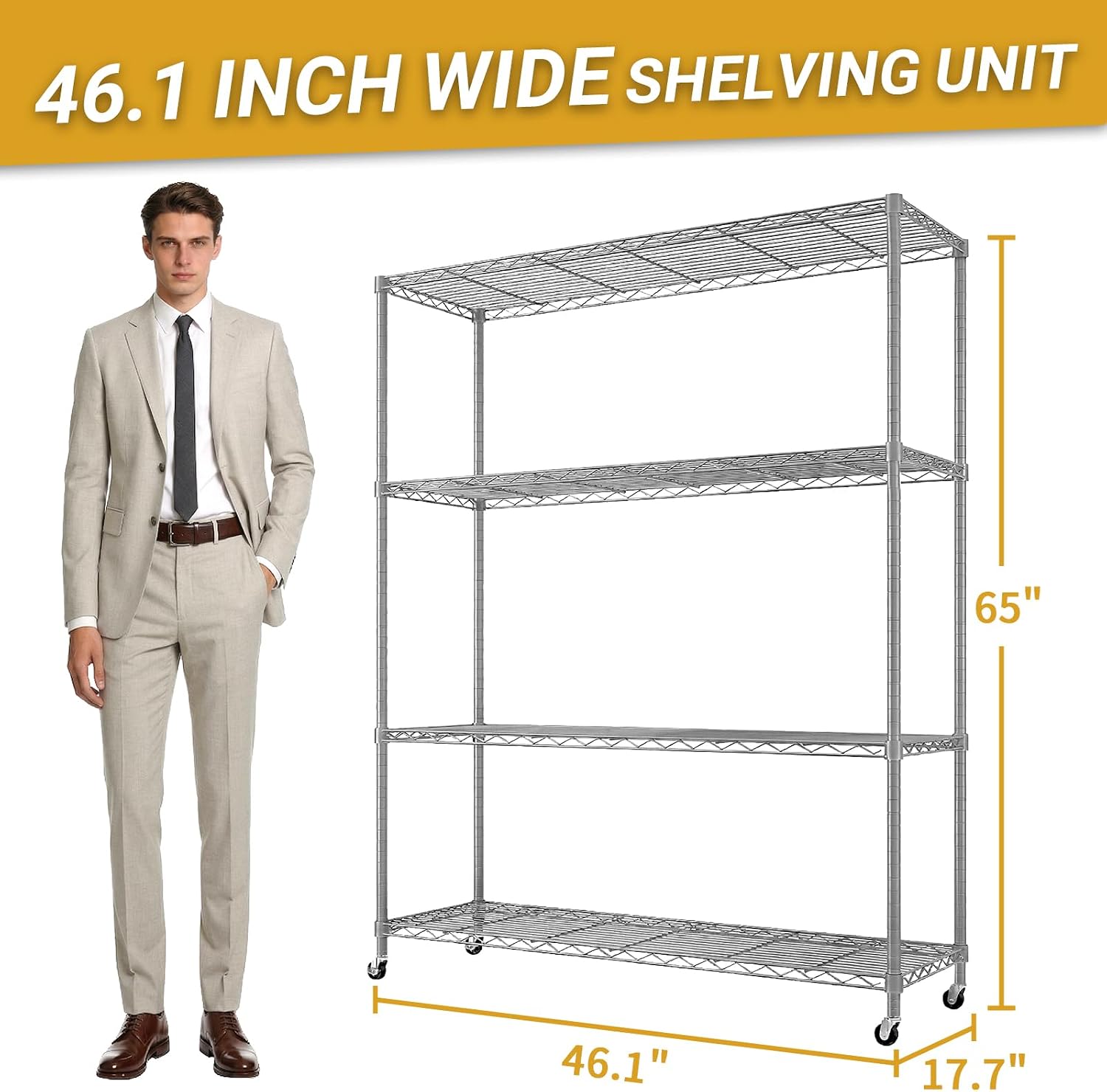 Karl home Silver 4-Tier Wire Storage Shelving with Wheels, 800LBS | Rolling Storage Unit Dimension 64.96"H X 46.06" W X 17.7" D, Multipurpose Organizer for Garage, Kitchen, Basement