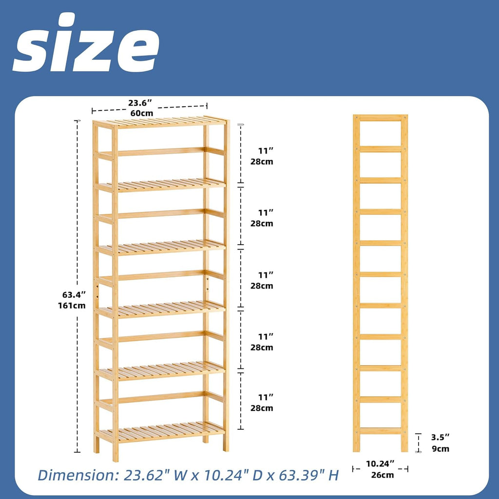 HITNET Bamboo Shelf, 6-Tier Adjustable Tall Open Bookcase, Bathroom Storage Rack Freestanding Shelving Unit, Plant Display Stand for Small Space, Natural