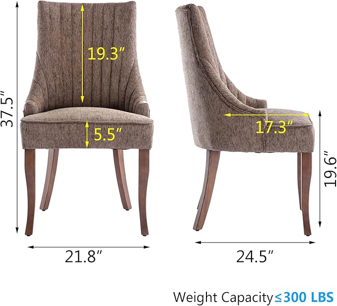 mikibama Linen Dining Chairs Set of 2 Channel Tufted Kitchen Dinner Chair Comfy Fabric Upholstered Accent Chair for Dining Room with Solid Wood Legs (Brown)