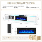 80" Fireplace TV Stand, Modern Entertainment Center for TVs Up to 90", TV Console with Storage Cabinets, Media Console for Living Room, White TV Stand and Black Fireplace