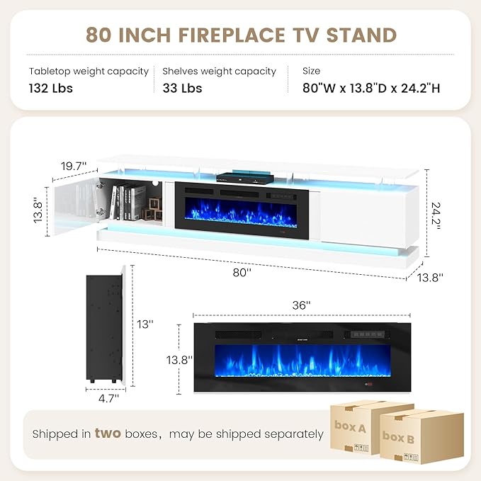 80" Fireplace TV Stand, Modern Entertainment Center for TVs Up to 90", TV Console with Storage Cabinets, Media Console for Living Room, 80IN White TV Stand and 36IN Black Fireplace