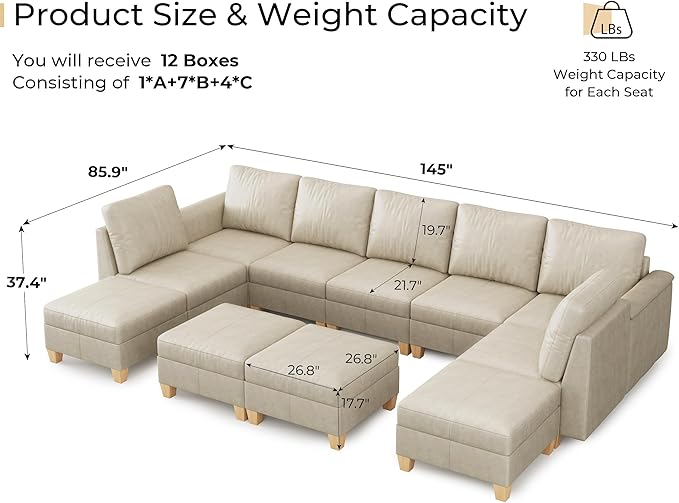 SITJOY 145" Faux Leather Modular Sectional Sofa with Storage, Mid Century Modern Sectional Couches for Living Room, Soft Padded Armrests, 11 Seat U Shaped Sofa Set with Chaise, Greige