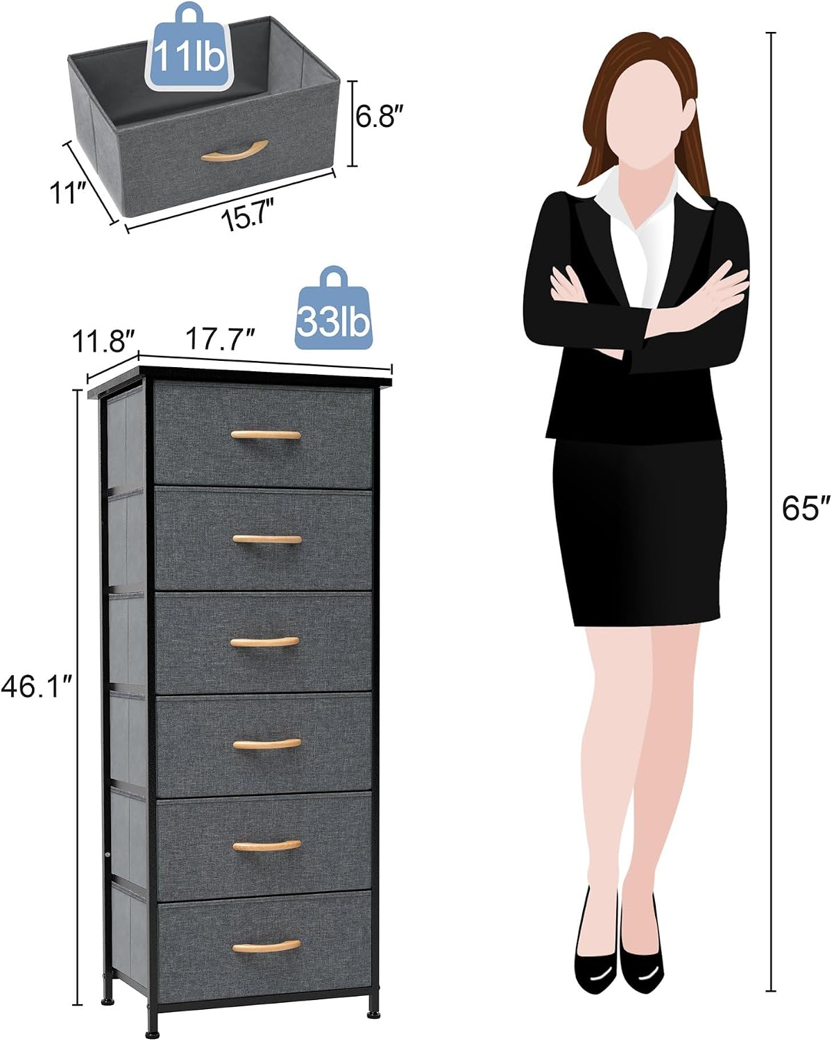 Tall 6-Drawer Fabric Dresser Tower for Closet, Vertical Storage, Gray | Sturdy Steel Frame, Wood Top and Easy Pull Fabric Bins Handles - Organizer Unit for Bedroom, Hallway, Entryway