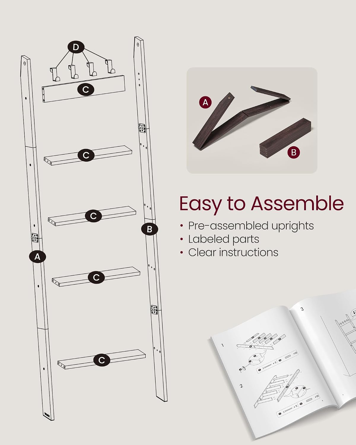 VASAGLE CUSTOS Collection - Blanket Ladder Shelf, 5-Tier Ladder Rack for Storage and Decor with 4 Removable Hooks, Decorative Farmhouse for the Living Room, Maroon Brown ULLS028K01