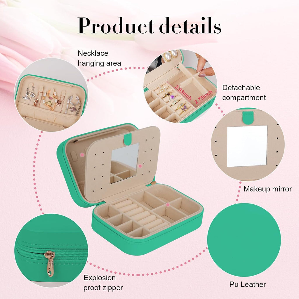 TopPerfekt Travel Jewelry Case, Jewelry Box with Mirror, Jewelry Organizer Bridal Shower Gifts to Her, Earring Storage Travel Case, Trendy Gift for Women and Girls, Girlfriend-Pure Green