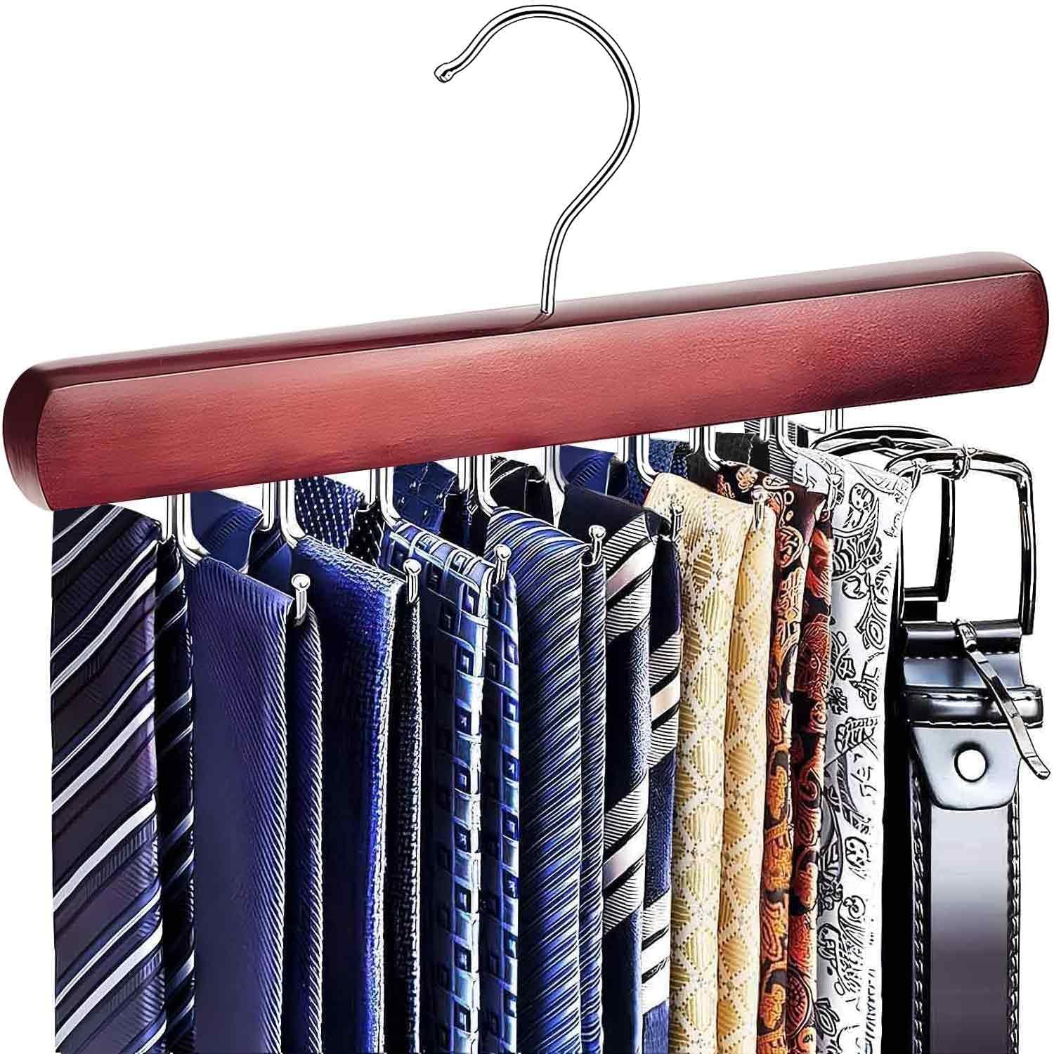 Tie Rack Hanger for Closet, Wooden Tie Hangers for Men with 18 Folding Hooks, Space Saving Tie Holder Neck Tie Organizer for Men Ties, Belts, Bras, Scarves, Tank Tops (Mahogany)