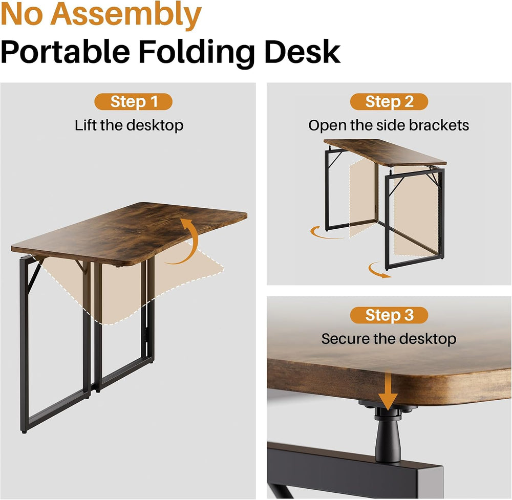 JOYMOOP 31.5" Rustic Brown Folding Desk No Assembly, Wooden Top, Small Size