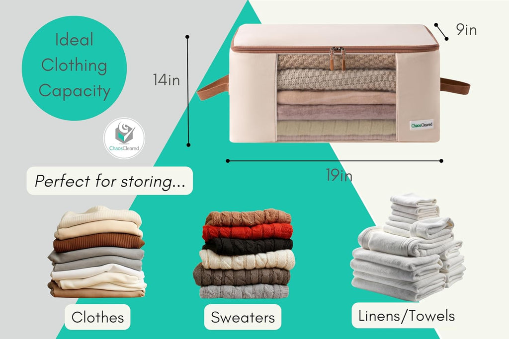 Canvas Clothing Storage 2 Bags Clothes Organizer folding fabric bags for sweaters, clothing, garment, bedding, quilt, linens, large folding organizers with zip & window, mothproof underbed space saver