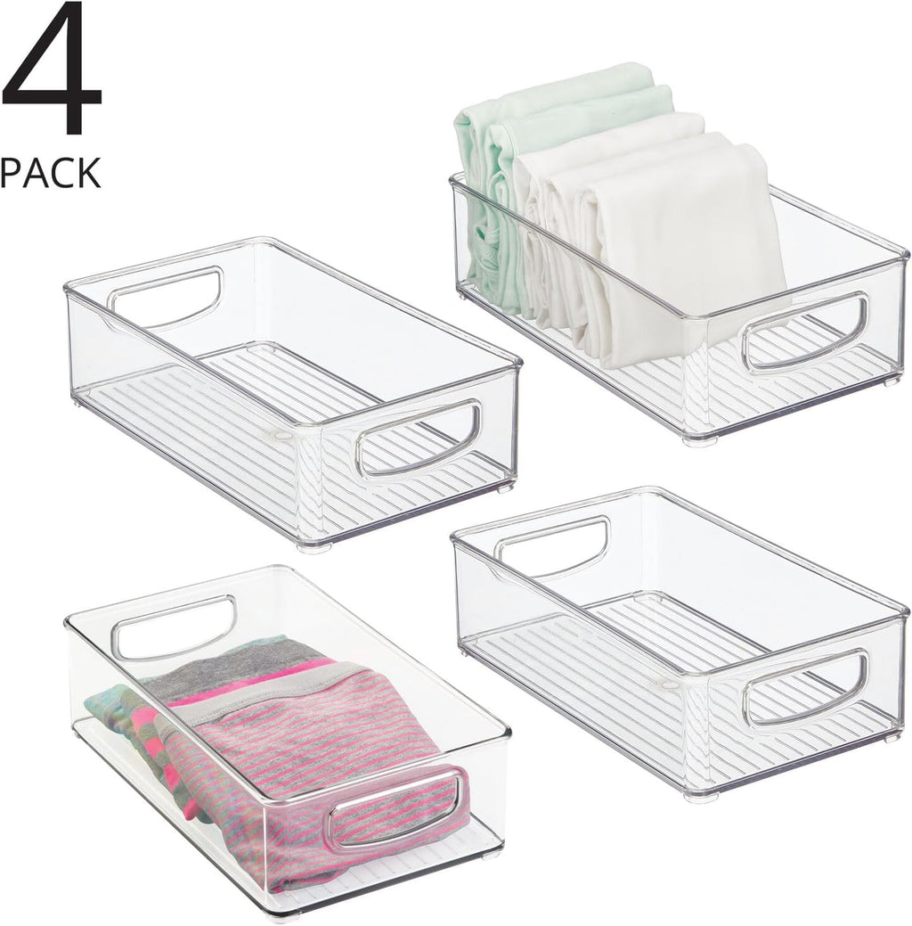 mDesign Small Plastic Storage Organizer Container Bin, Closet Organization for Hallway, Bedroom, Linen, Coat, Entryway - Holds Clothing, Blankets, Accessories, Toys - Ligne Collection, 4 Pack, Clear