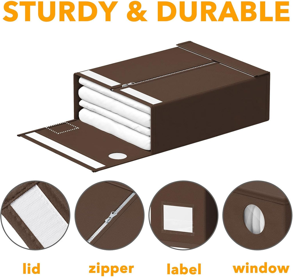 SpaceAid 8 Pack Bed Sheet Organizers and Storage, Foldable Linen Closet Organizer, Set Folder Keeper With Window XL (Queen & King Size) Bedding Container (Brown)