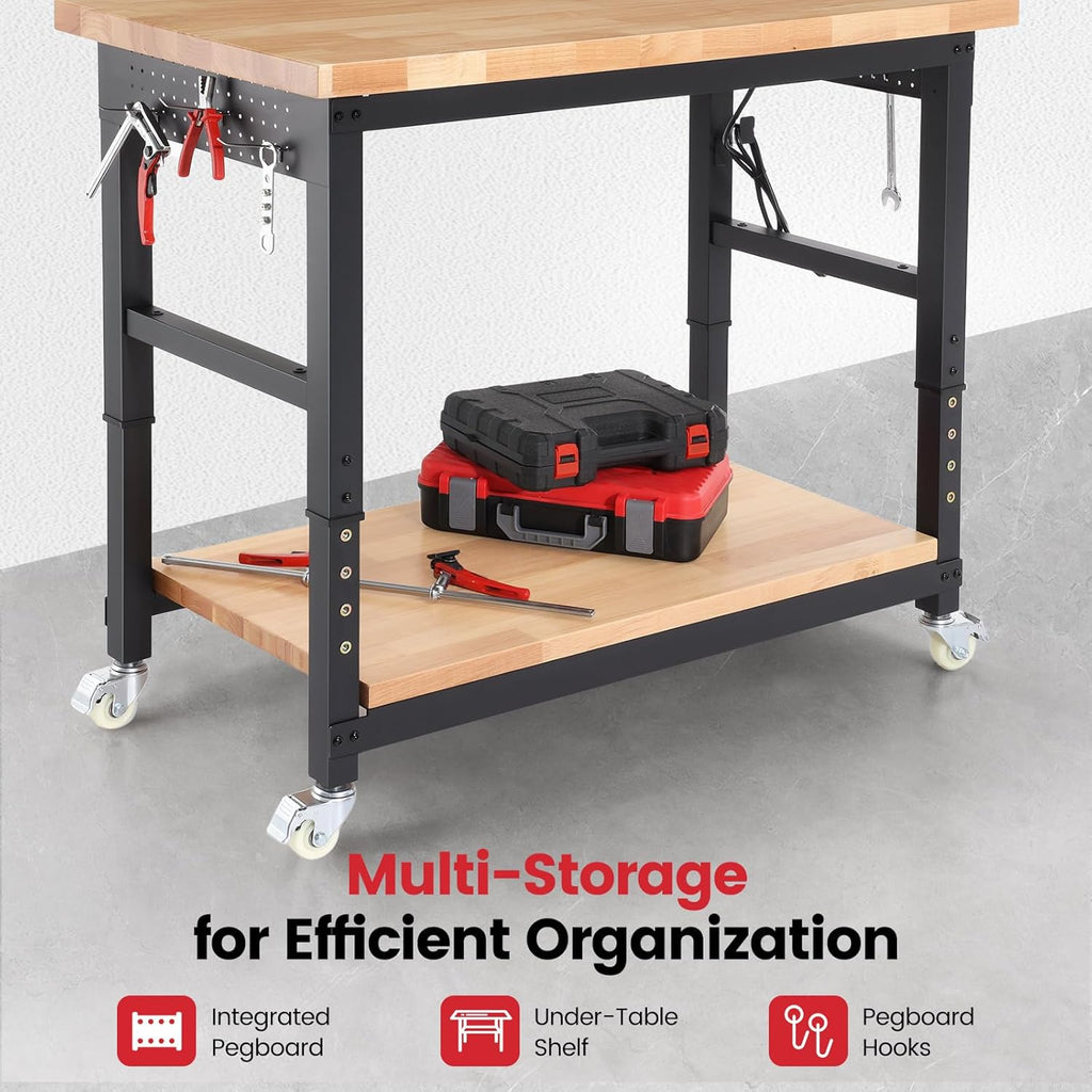 Workbench with Wheels 48 Inch Adjustable Height Work Table with Under Table Shelf, Pegboard, Power Outlets Work Bench for Garage, Home, Office, Workshop