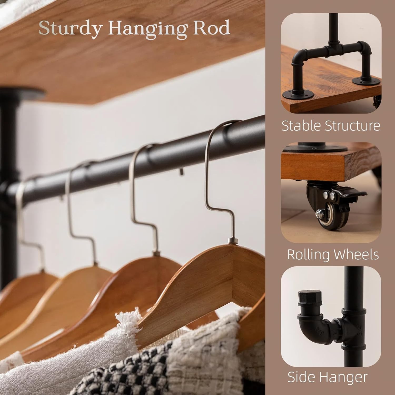 Industrial Pipe Clothing Racks, Rolling Garment Racks, Hall Tree on Lockable Wheels with Shelves and Shoes Storage, Heavy Duty Clothes Rack (two tiers garment rack)