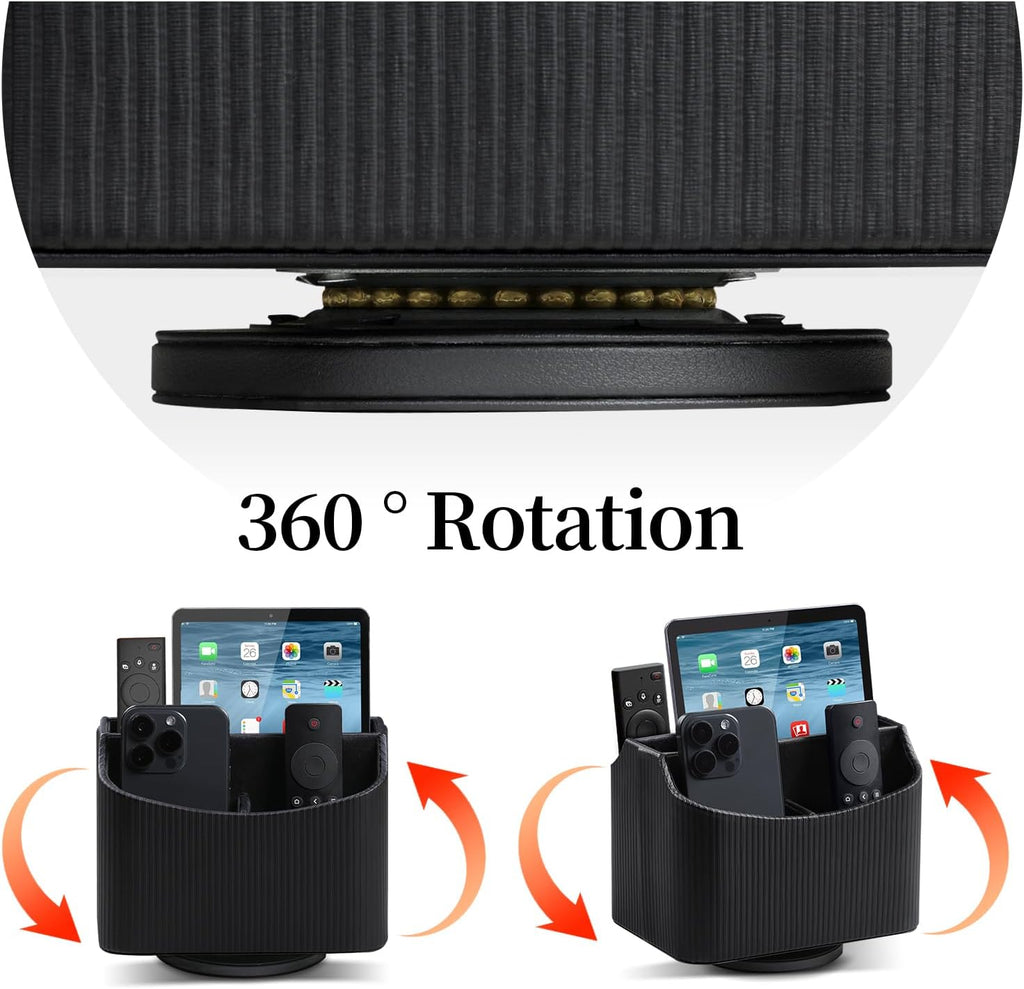 PU Leather Remote Control Holder, 360 Degree Rotating Desk Organizer Storage Table Remote Caddy, Spinning Bedside Organizer Nightstand Organizer for Desktop Office Home Black