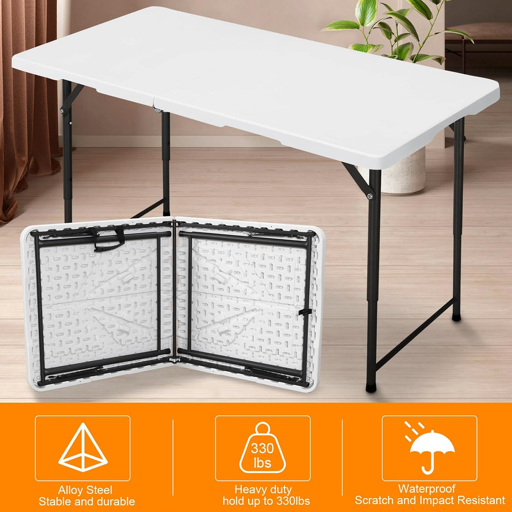 4ft Folding Table, Portable Fold-in-Half Adjustable Height Utility Table for ...